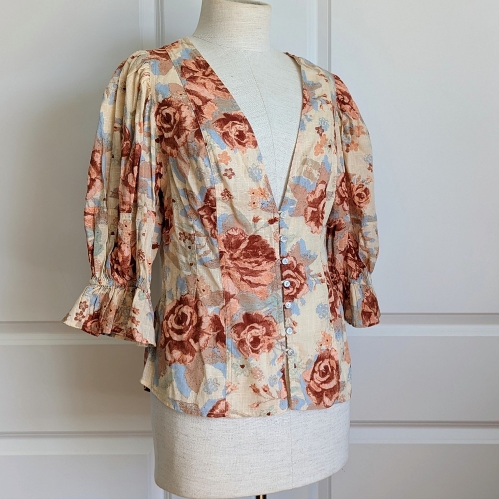 Free People Top Blouse Short Sleeve Deep V-Neck Floral Print Linen Ivory L NWT